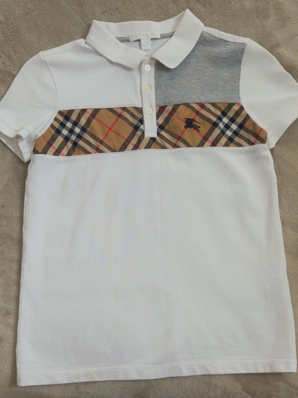Burberry White Polo with Beige Check Chest Panel